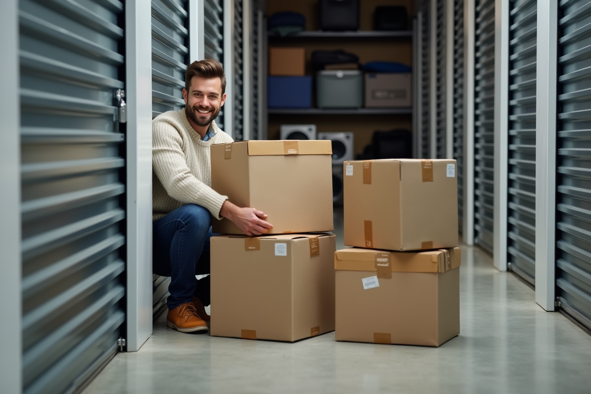 Homme organisant des cartons dans un espace de stockage