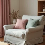 Fauteuil avec housse extensible grise coordonnée avec des rideaux en lin rose et des coussins assortis dans un salon scandinave