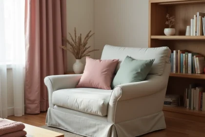 Fauteuil avec housse extensible grise coordonnée avec des rideaux en lin rose et des coussins assortis dans un salon scandinave