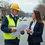 Ingénieur civil et urbaniste discutant sur une route urbaine