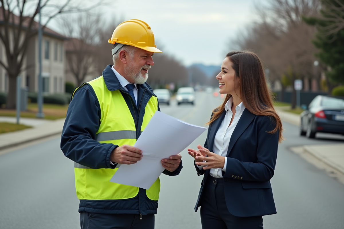 Ingénieur civil et urbaniste discutant sur une route urbaine