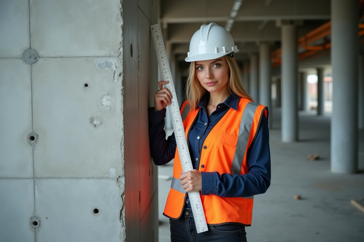 Ingénieure vérifiant la profondeur d'un trou de scellement chimique sur chantier de construction