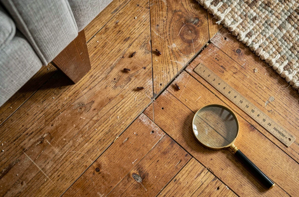 Vue aérienne d'un coin de parquet avec de petites bêtes marron près d'une plinthe fissurée et une loupe