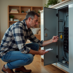 Homme d'âge moyen inspectant un panneau électrique dans une maison