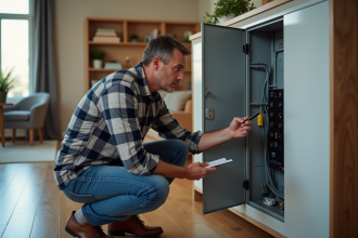 Homme d'âge moyen inspectant un panneau électrique dans une maison