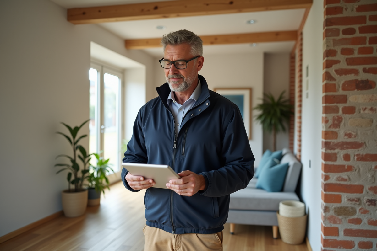 Inspecteur énergie vérifiant l'isolation intérieure d'une maison moderne