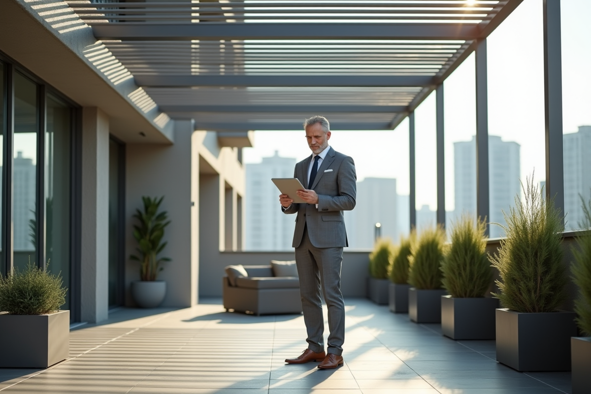 Inspecteur vérifie pergola en aluminium sur terrasse urbaine