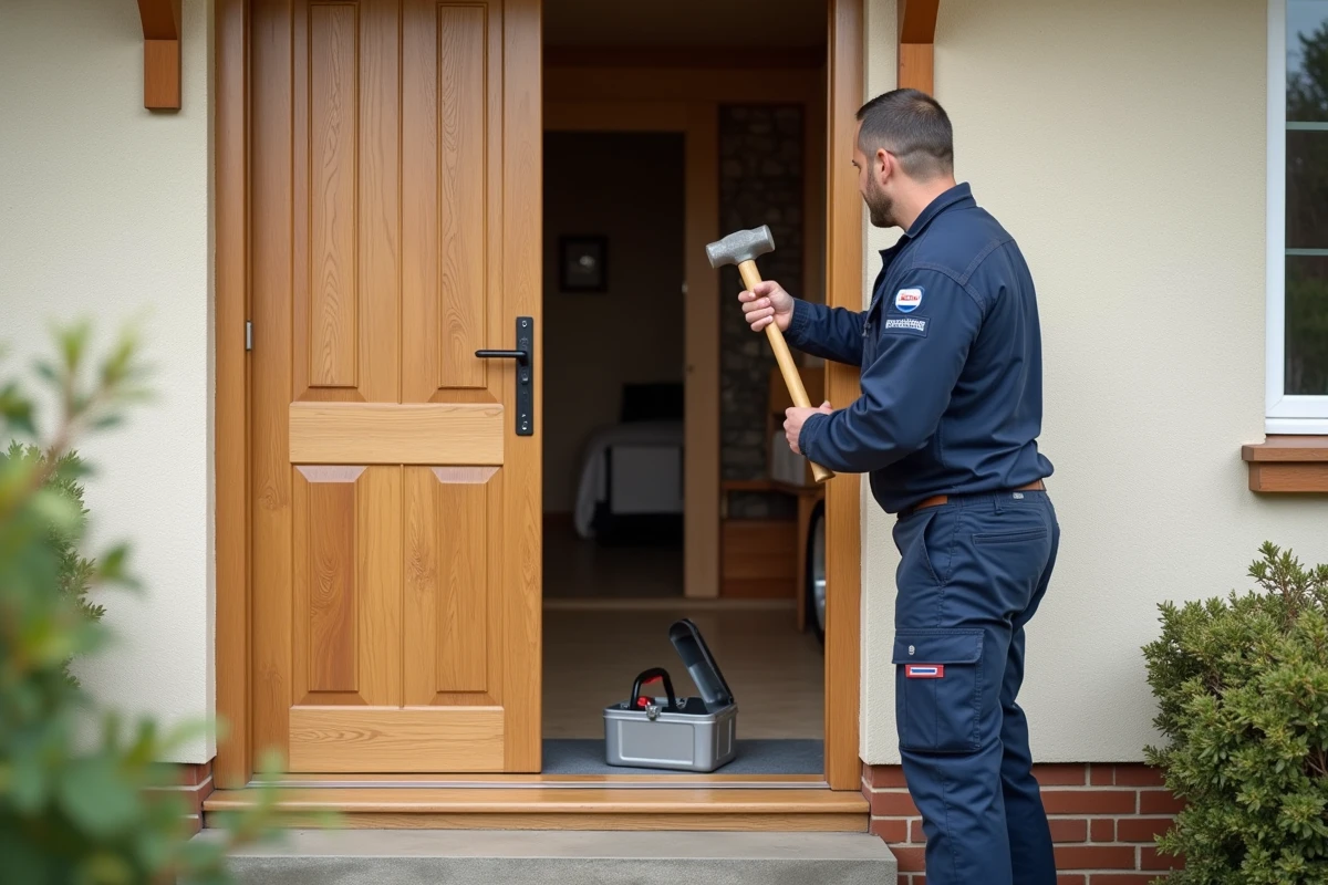 Professionnel installant une porte d'entrée en chêne massif sur la façade d'une maison individuelle