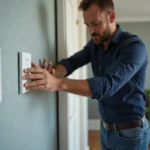 Homme installant un interrupteur moderne dans un salon