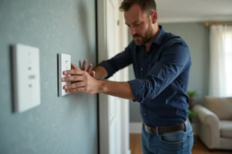 Homme installant un interrupteur moderne dans un salon