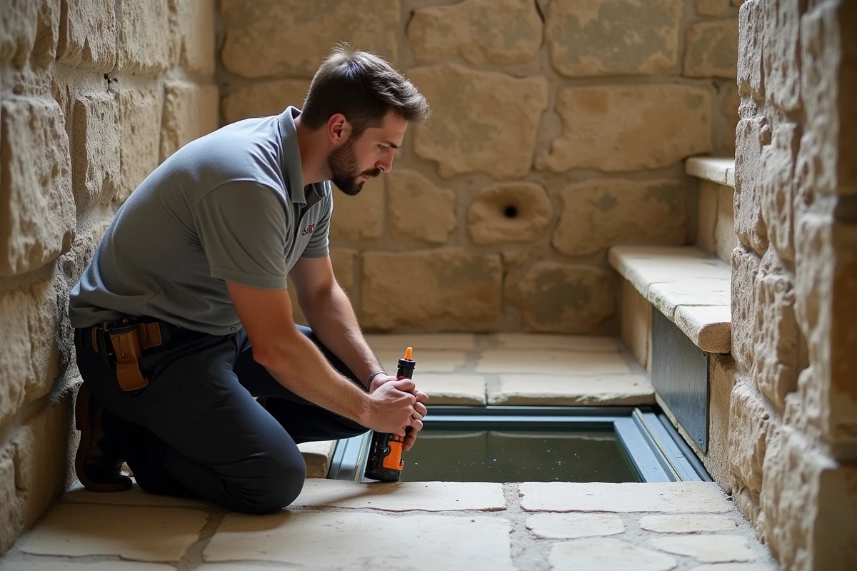 Installateur appliquant un joint silicone anti-condensation autour d'une trappe cave en verre dans un couloir en pierre, travaux de pose professionnelle