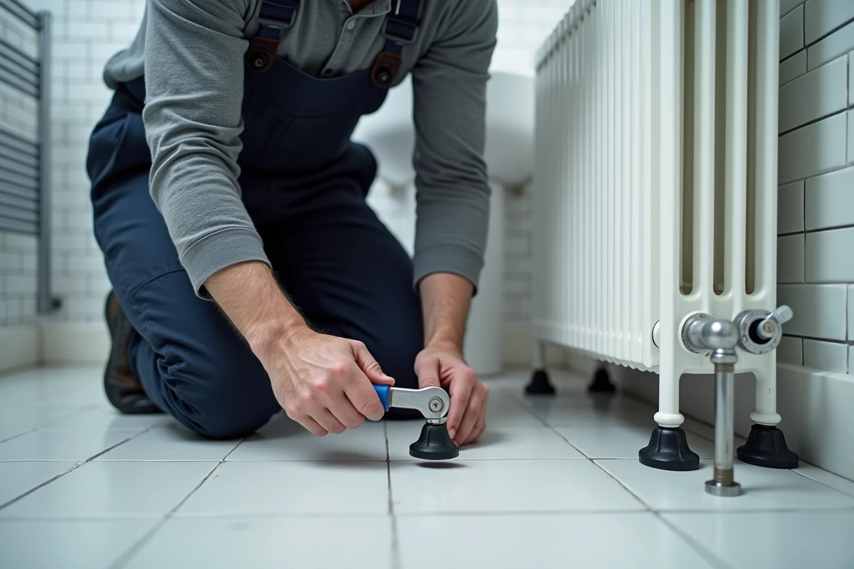 Plombier installant des pieds réglables sous un radiateur fonte sur carrelage blanc en salle de bain rénovée
