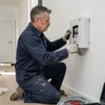 Électricien professionnel en train d'installer un tableau GTL dans un appartement rénové, matériel électrique au sol