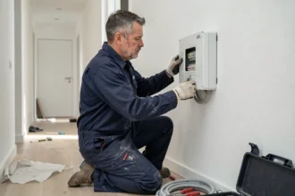 Électricien professionnel en train d'installer un tableau GTL dans un appartement rénové, matériel électrique au sol