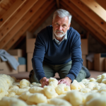 Homme moyen âge posant de l'isolation en laine minérale dans un grenier