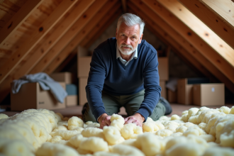 Homme moyen âge posant de l'isolation en laine minérale dans un grenier