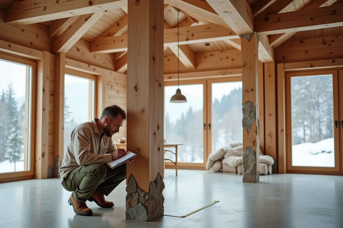 Intérieur d'un chalet habitable en bois avec poutres apparentes et jonction ossature mixte bois béton en gros plan
