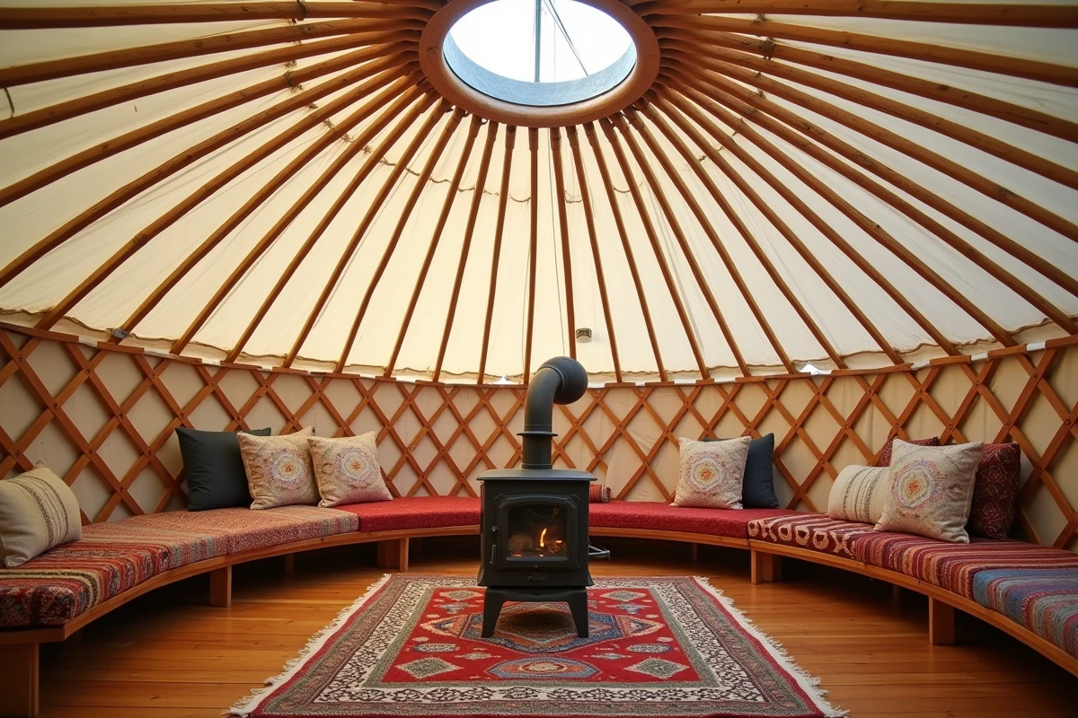Intérieur chaleureux d'une yourte aménagée avec poêle central, tapis géométriques et structure en bois radiale vue du dessous