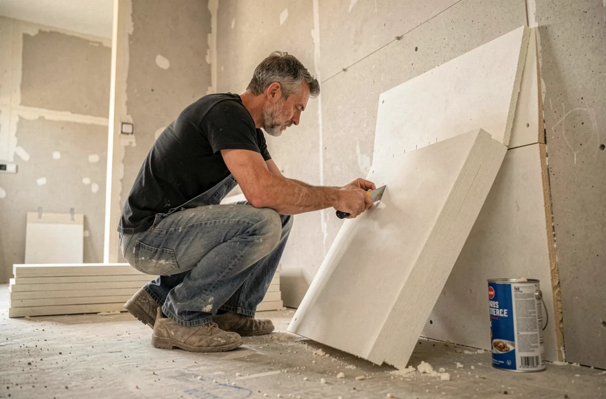 Installateur Isolis posant des panneaux d'isolation thermique intérieure dans un logement à Nanterre