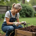 Femme en salopette tourne compost dans le jardin
