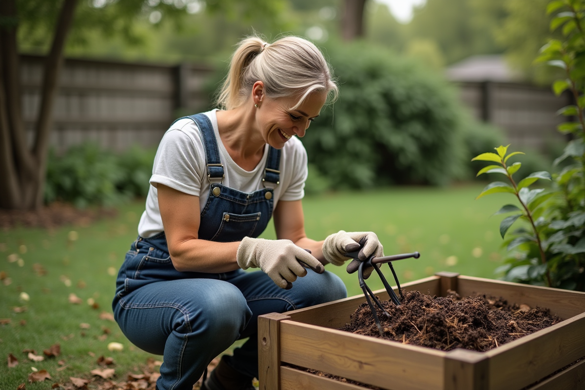 Femme en salopette tourne compost dans le jardin