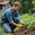 Homme d'âge moyen inspectant des tomates dans un jardin