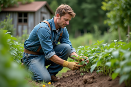 Homme d'âge moyen inspectant des tomates dans un jardin
