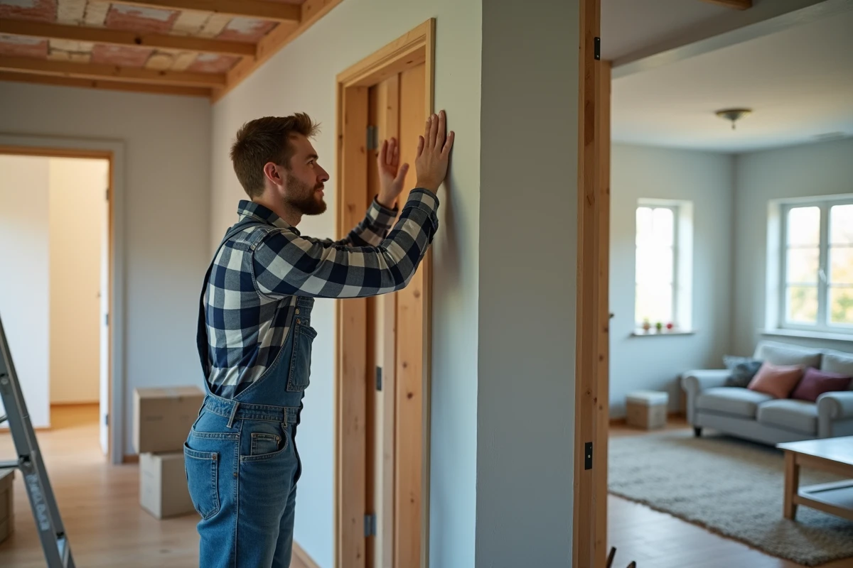 Jeune artisan installe drywall dans extension maison