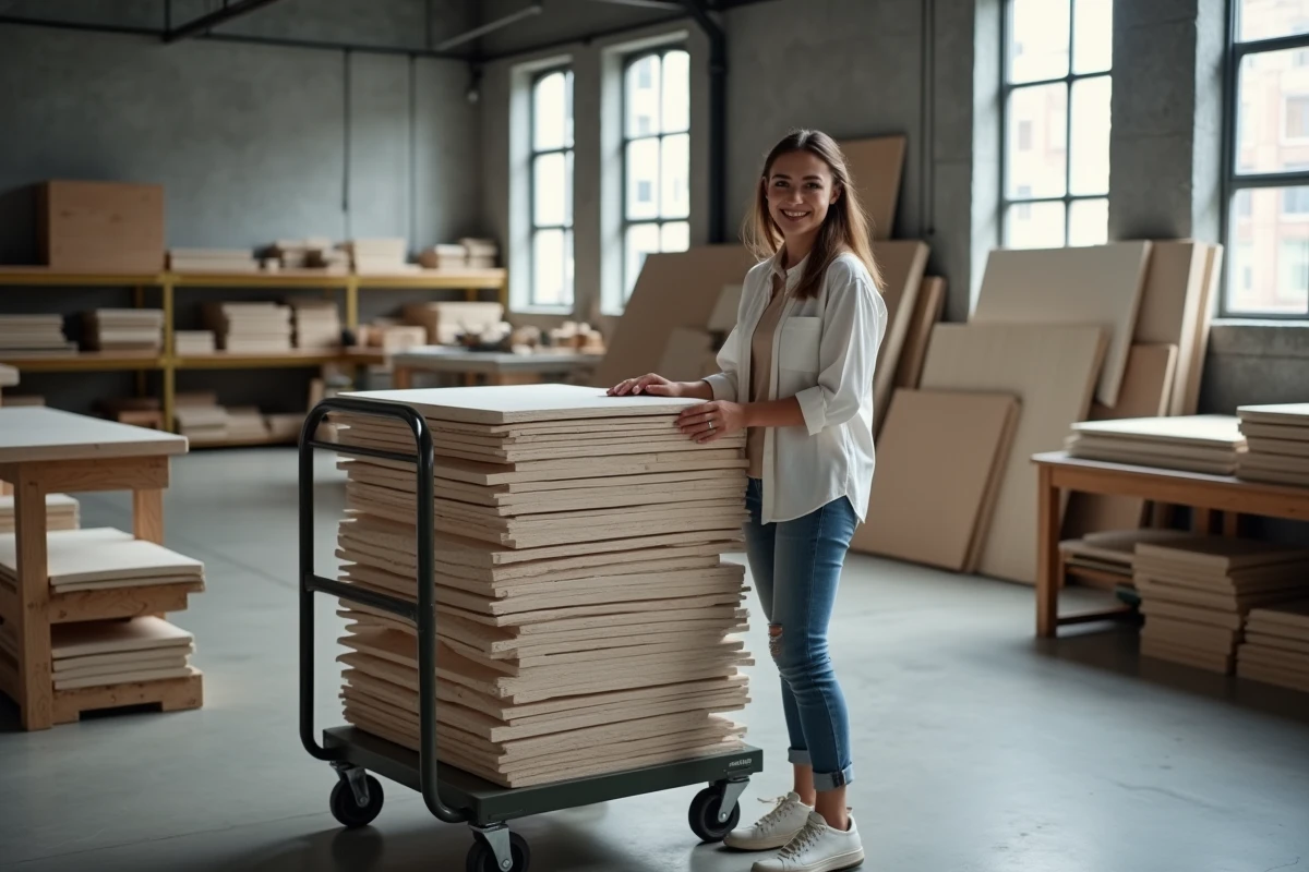 Jeune femme inspectant des panneaux fibrecouture dans un atelier moderne