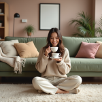 Jeune femme cosy sirotant du thé dans un salon chaleureux