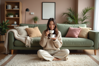 Jeune femme cosy sirotant du thé dans un salon chaleureux