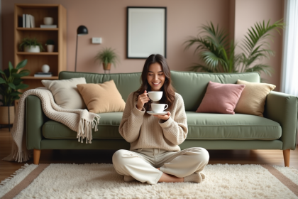Jeune femme cosy sirotant du thé dans un salon chaleureux