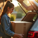 Jeune femme chargeant la voiture devant un immeuble cosy