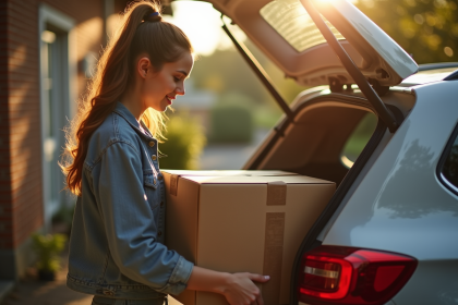 Jeune femme chargeant la voiture devant un immeuble cosy