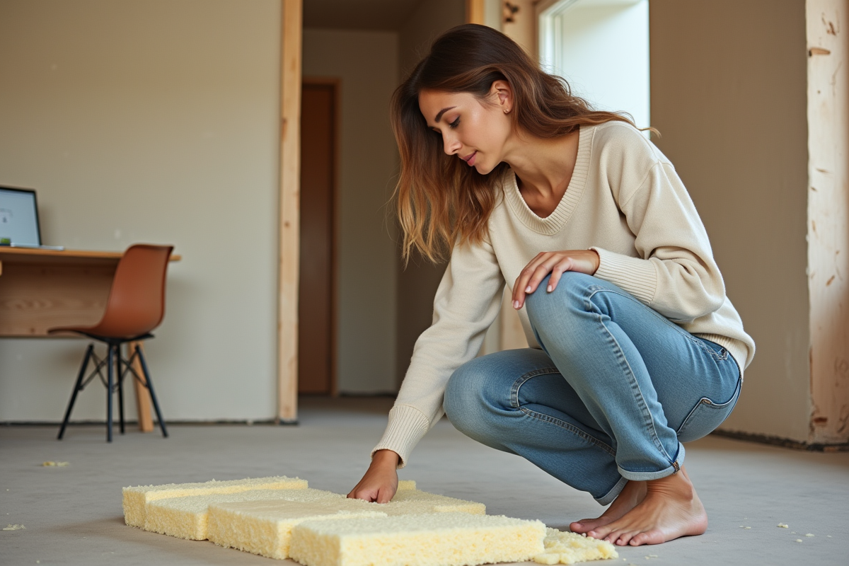 Jeune femme mesurant de la laine mineral dans un bureau