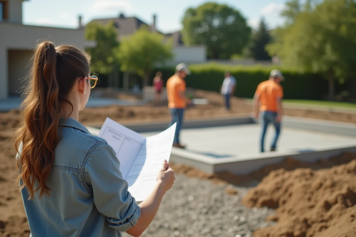 Jeune femme observant les travaux de terrassement en extérieur