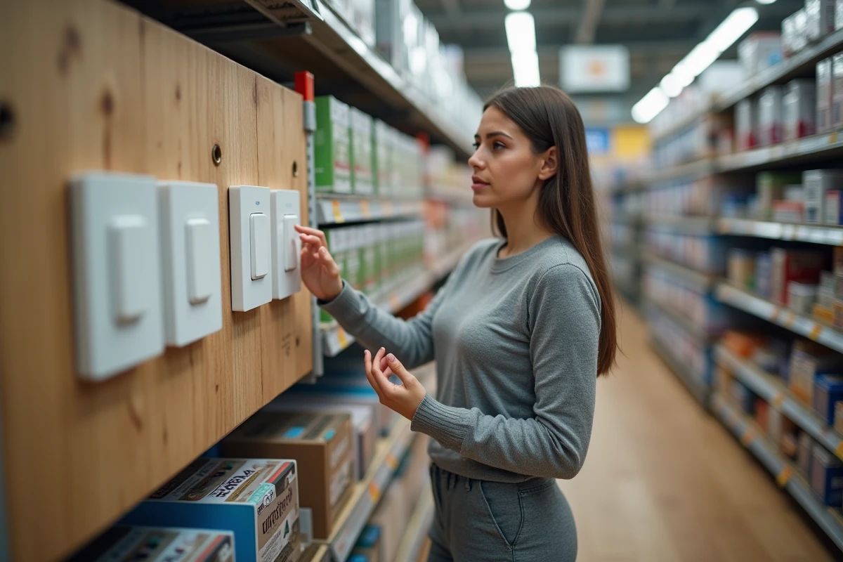 Jeune femme examinant trois interrupteurs dans un magasin