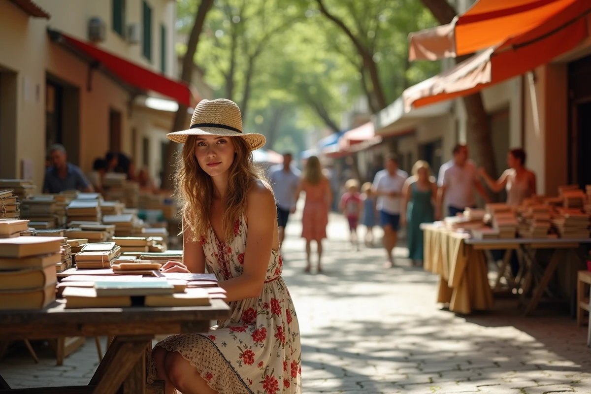 Jeune femme inspectant des livres anciens au marché