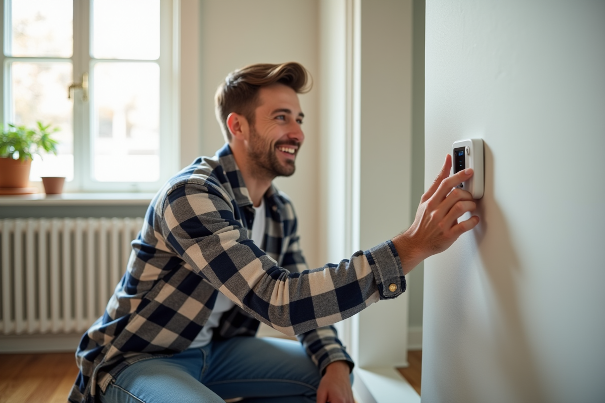 Jeune homme posant un thermostat dans un appartement lumineux