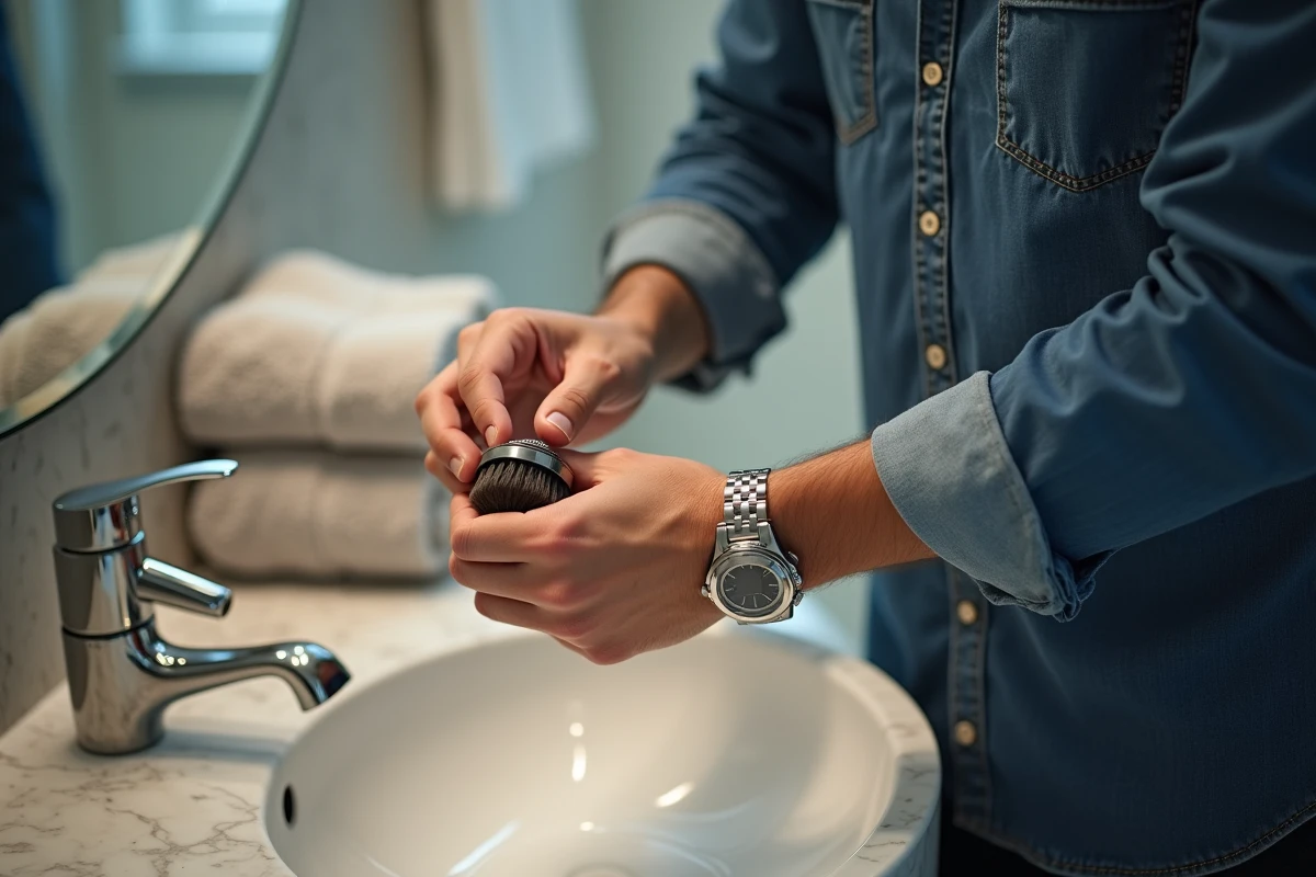 Jeune homme nettoyant une montre en argent dans une salle de bain moderne