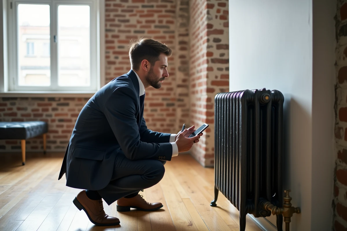 Jeune homme en costume inspectant un radiateur vintage dans un appartement moderne