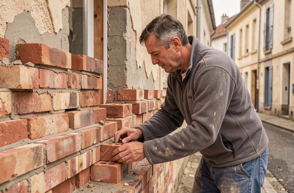 Maçon posant des briques lors d'une rénovation de bâtiment résidentiel au Coteau pour JPC Construction