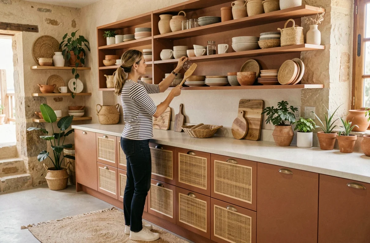 Designer de Leo Deco à Lit-et-Mixe aménageant une cuisine en terracotta avec façades en rotin dans un cadre chaleureux et côtier