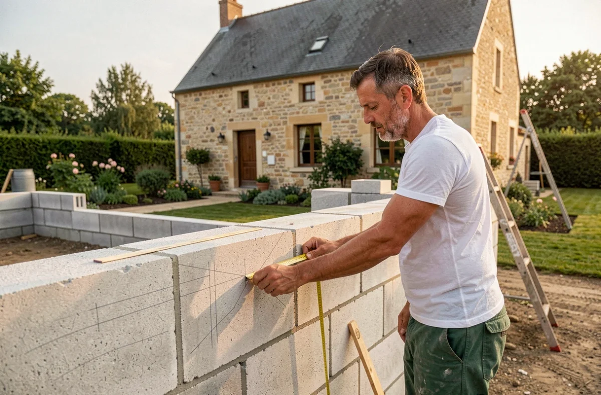 Maçon mesurant des blocs pour une extension de maison traditionnelle en Loire pour Lhermet Maçonnerie