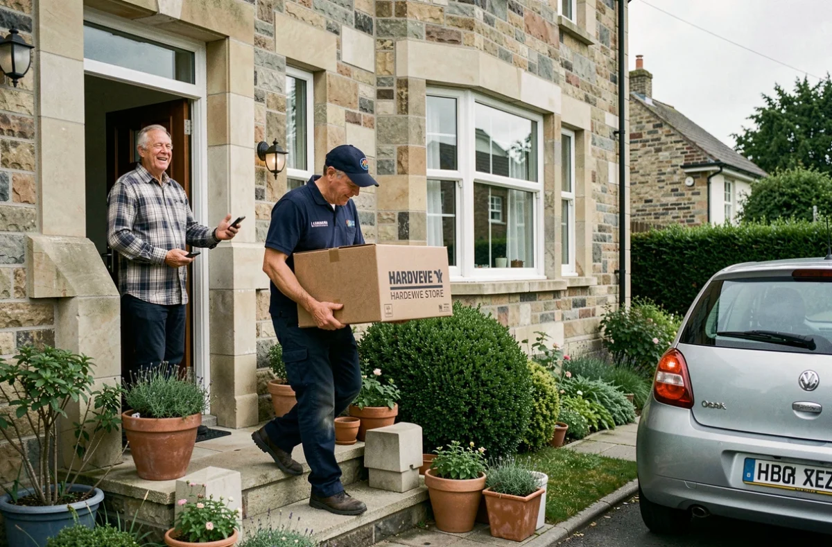Livreur déposant une commande de matériaux de bricolage à domicile devant une maison pavillonnaire