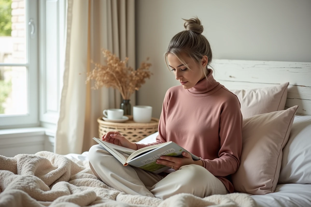 Femme feuilletant un lookbook Callmespring sur un lit cosy décoré d'accessoires de saison printanière