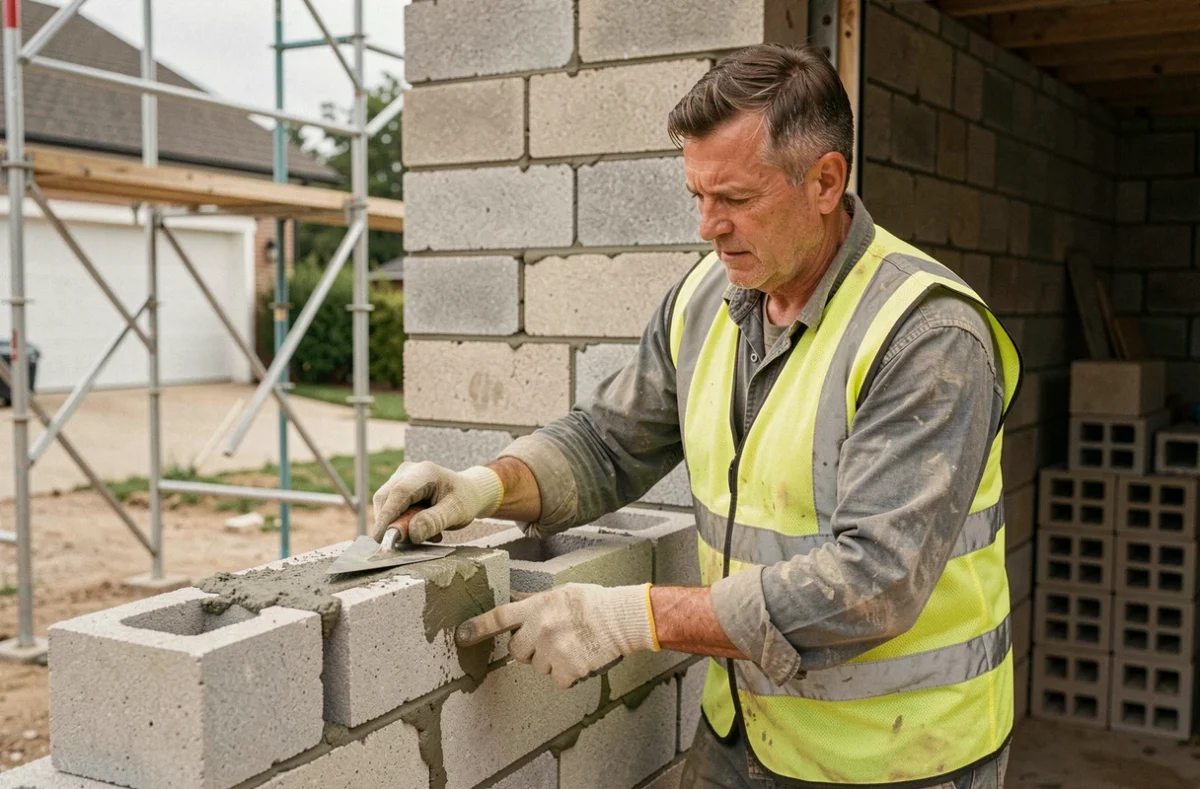 Maçon posant des parpaings sur les murs d'un garage de 20m2 en construction