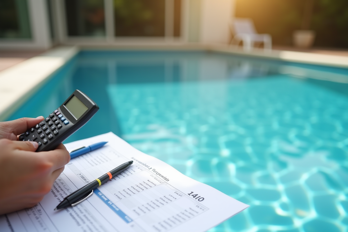 Main tenant une calculatrice avec documents fiscaux près de la piscine