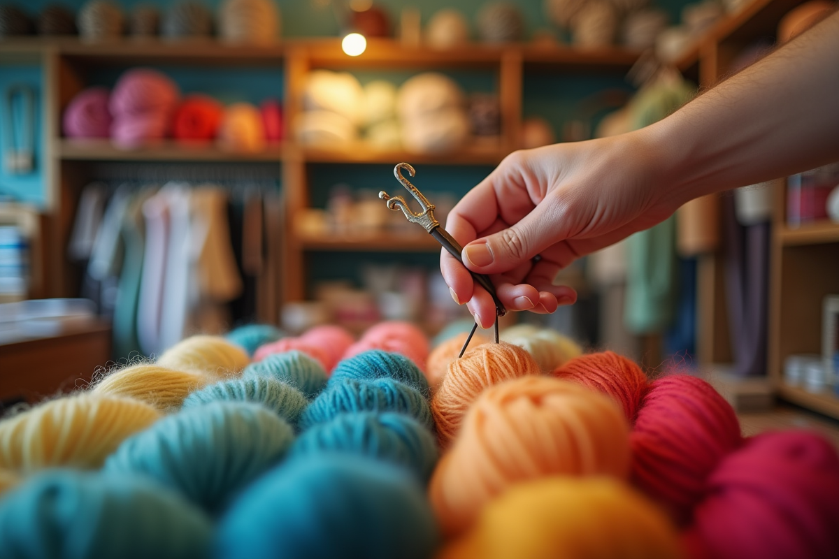 Main tenant une épingle en laine au-dessus de fils colorés dans une boutique