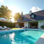 Maison familiale moderne avec piscine bleue dans le jardin